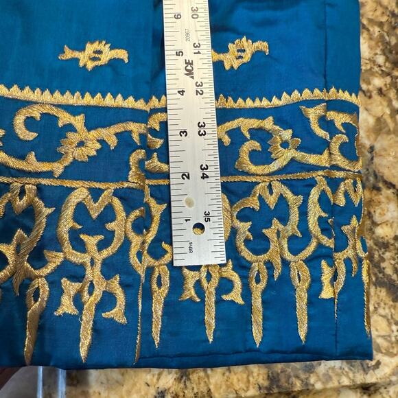 Turquoise Blue Sari Skirt with Golden Embroidery & Sash w/Beaded Trim 30” x 38” - Picture 7 of 8